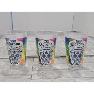 Corona Extra Cerveza Mexican Day Of The Dead Sugar Skull Pint Glasses (Set of 3)